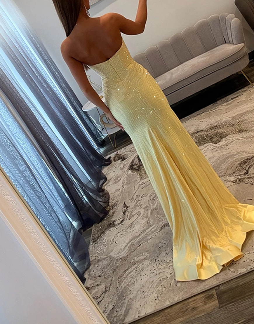 Sparkly Yellow Beaded Satin Mermaid Strapless Long Prom Dress with Slit