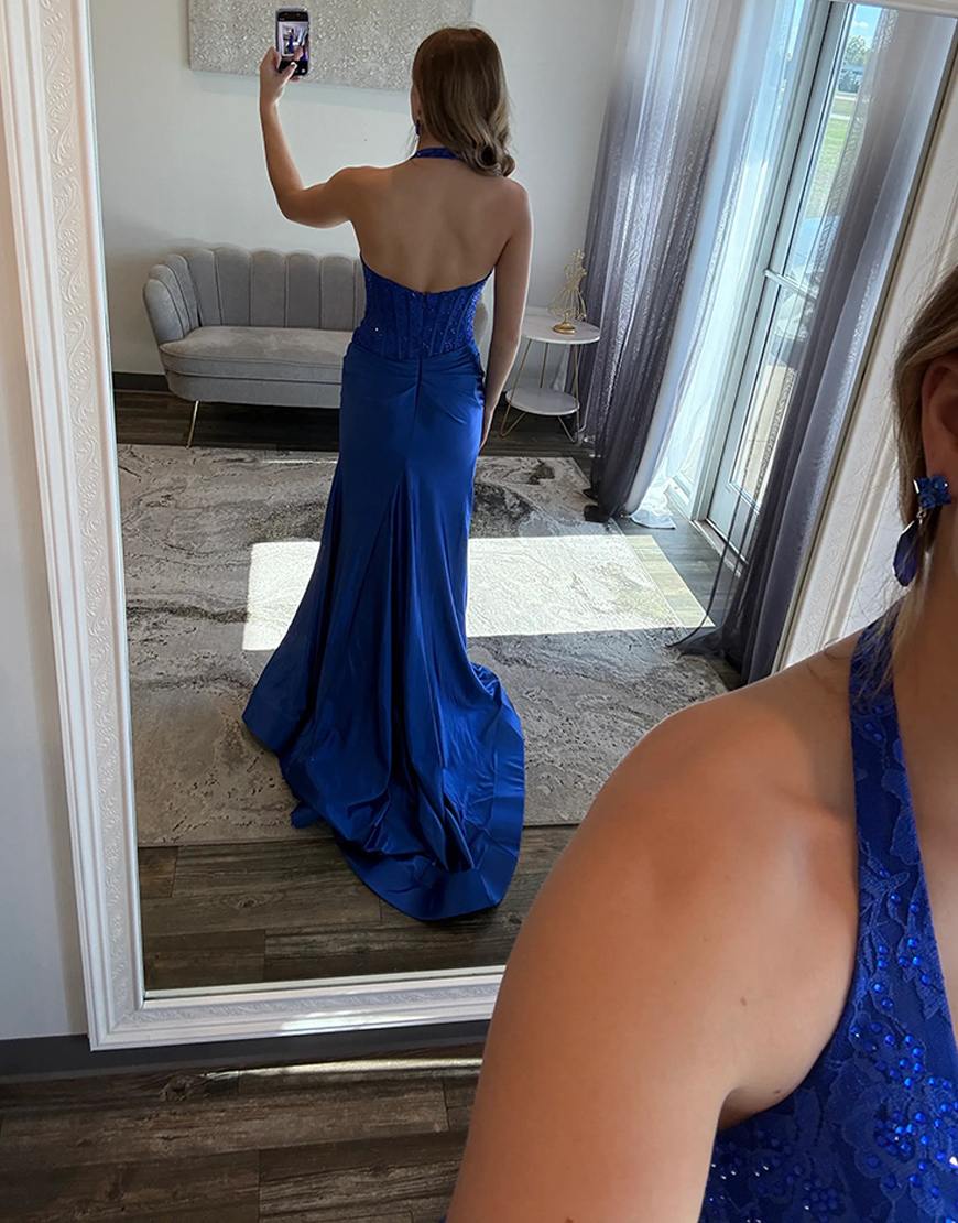 Sparkly Royal Blue Mermaid Halter Corset Satin Long Prom Dress with Slit