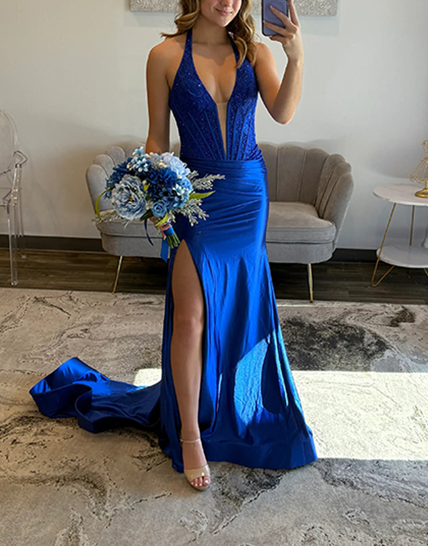 Sparkly Royal Blue Mermaid Halter Corset Satin Long Prom Dress with Slit