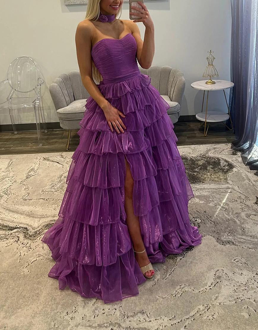 Glitter Purple Ball Gown Ruffled Strapless Pleated Long Prom Dress with Slit