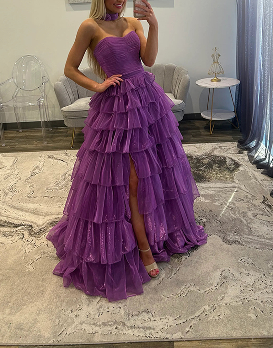 Glitter Purple Ball Gown Ruffled Strapless Pleated Long Prom Dress with Slit