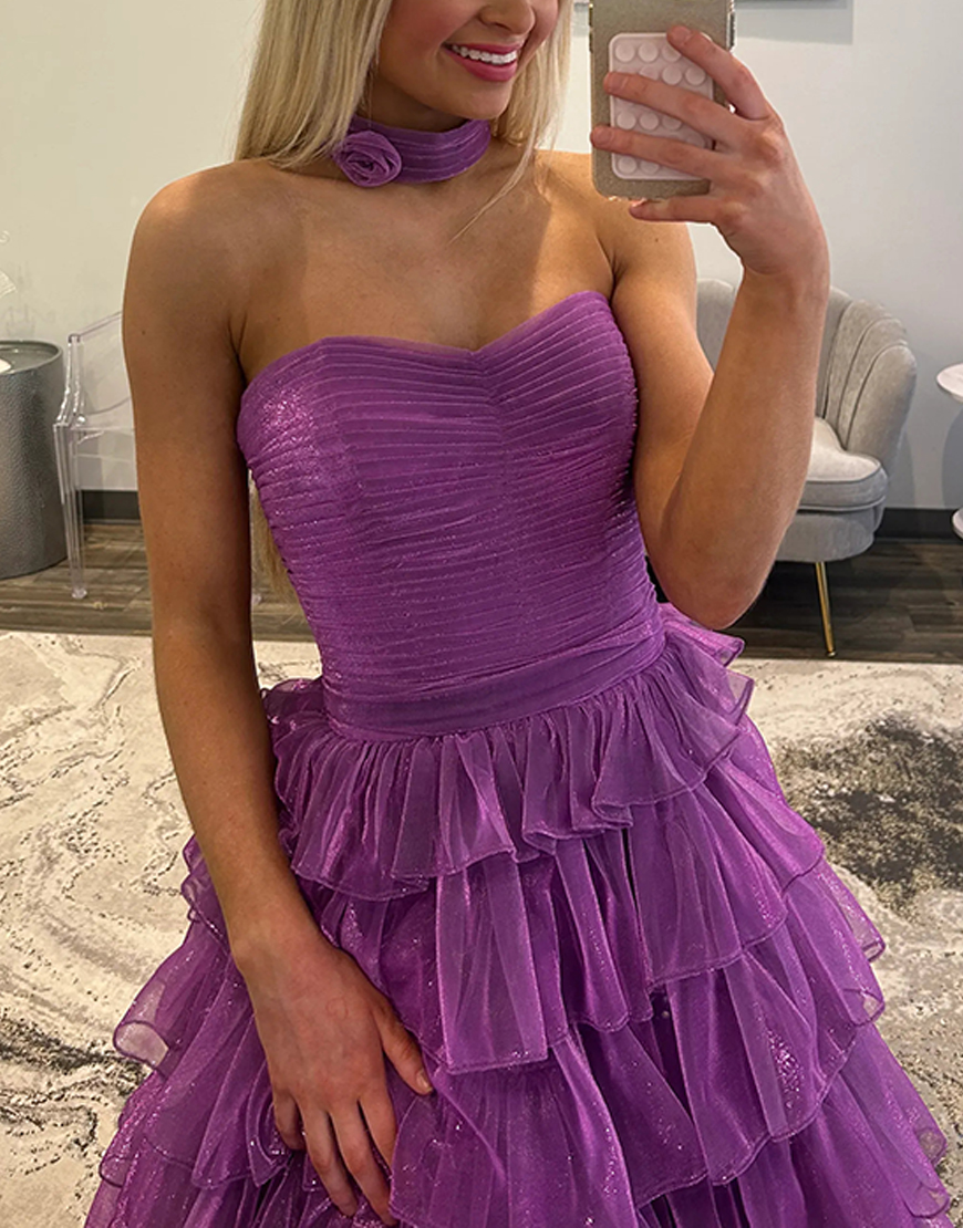 Glitter Purple Ball Gown Ruffled Strapless Pleated Long Prom Dress with Slit