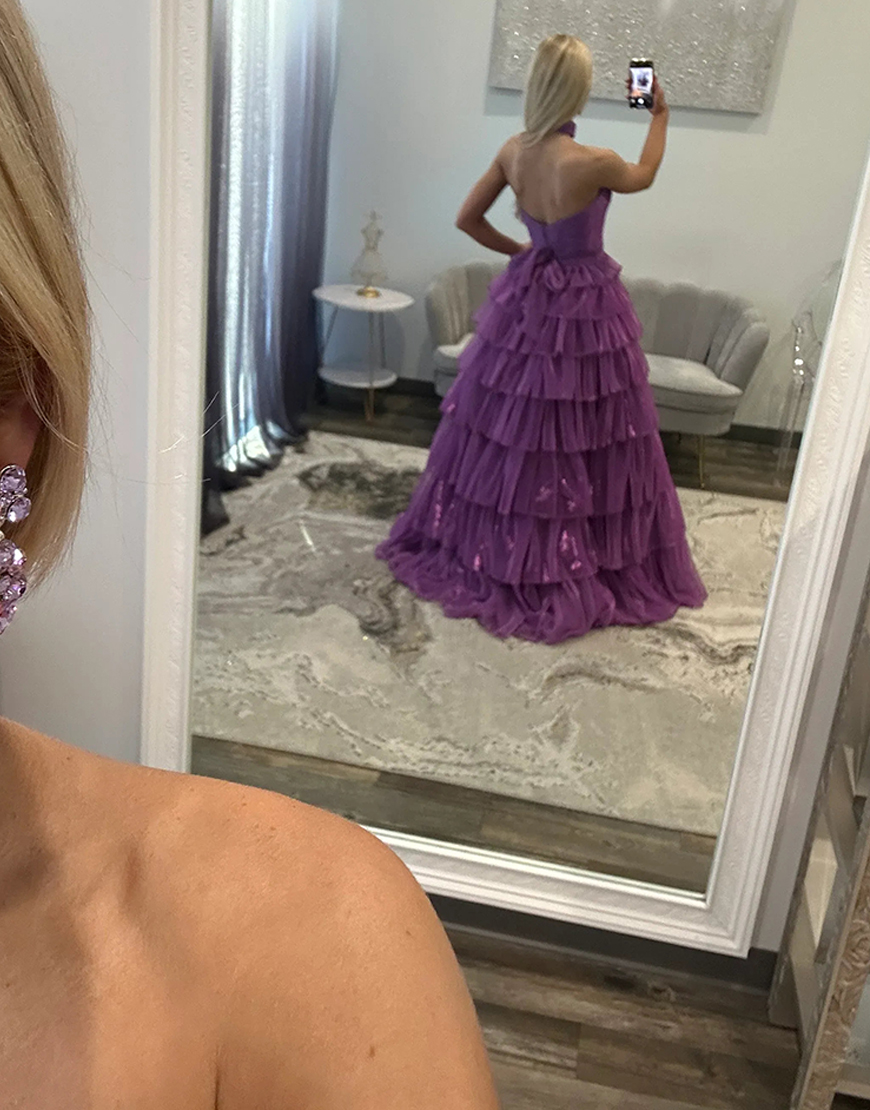 Glitter Purple Ball Gown Ruffled Strapless Pleated Long Prom Dress with Slit