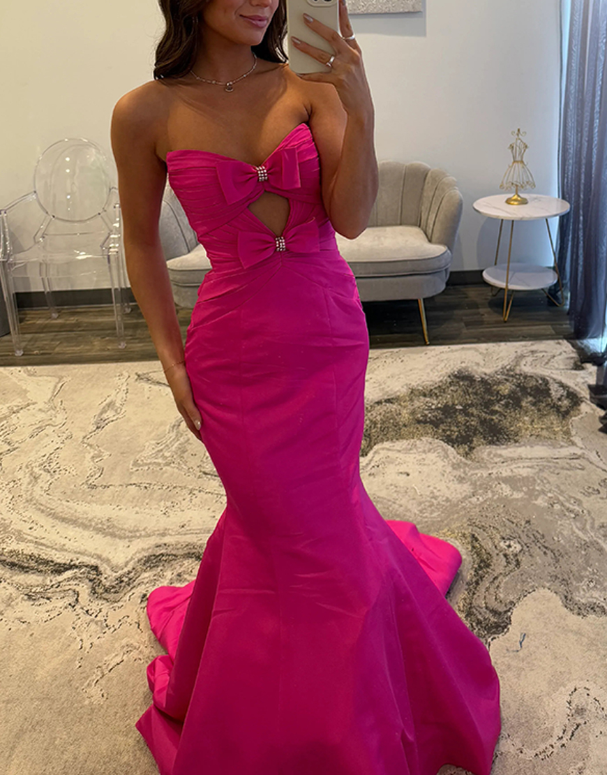 Royal Blue Mermaid Keyhole Satin Strapless Long Prom Dress with Bows