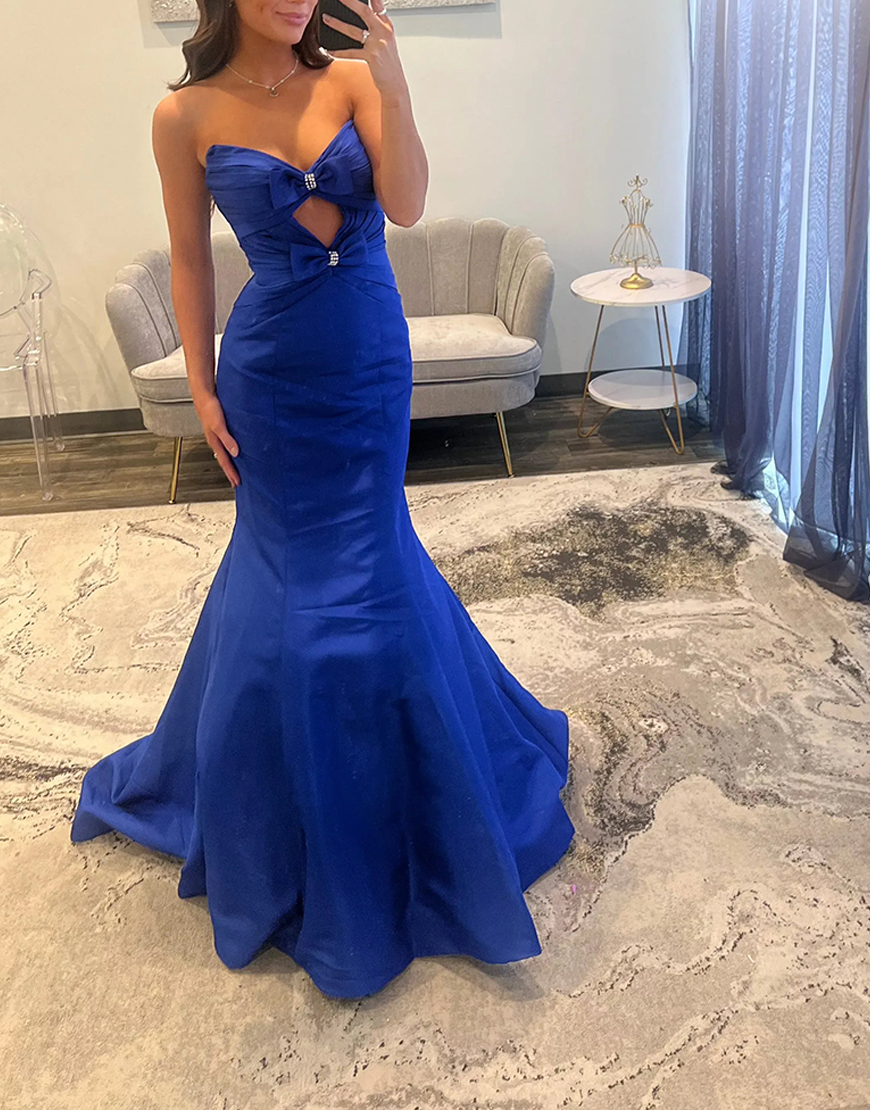 Royal Blue Mermaid Keyhole Satin Strapless Long Prom Dress with Bows