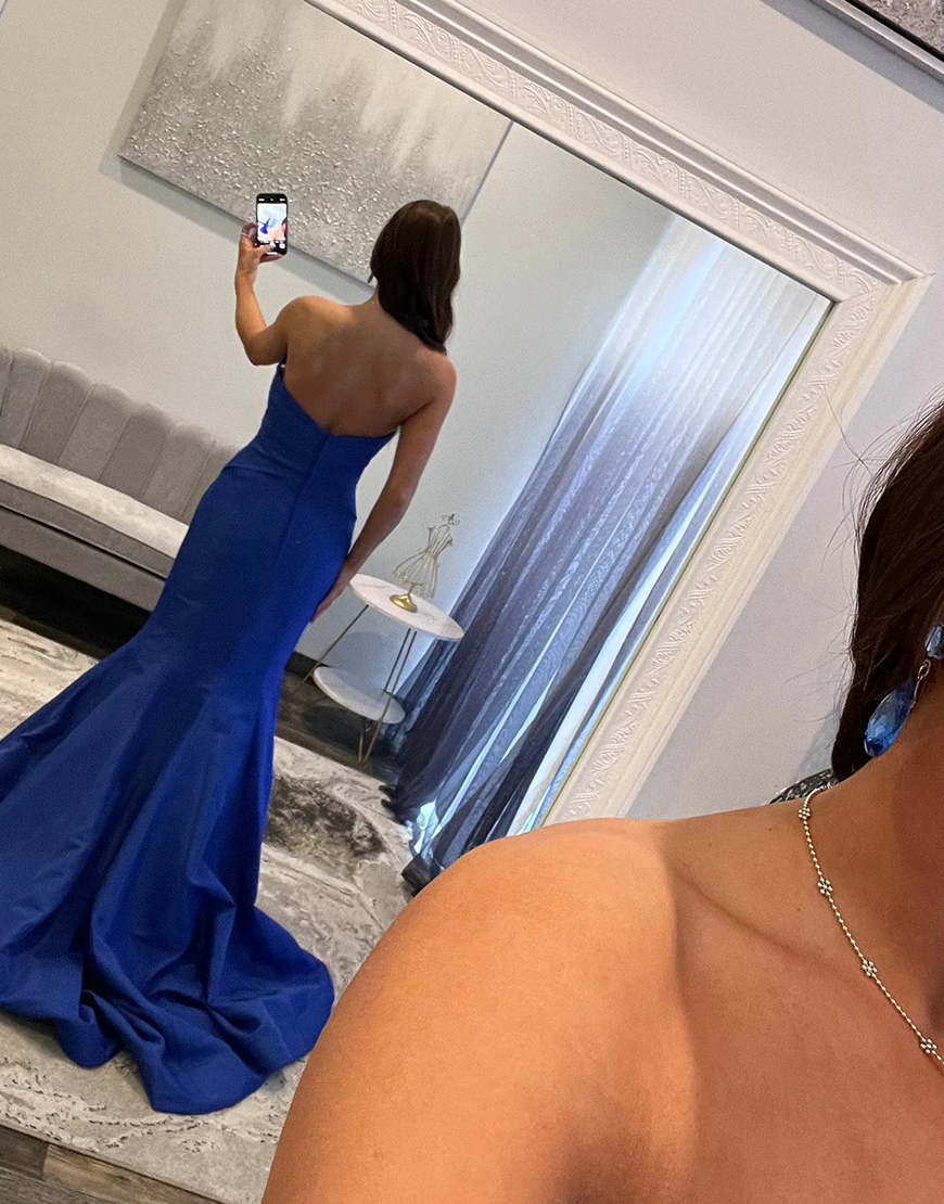 Royal Blue Mermaid Keyhole Satin Strapless Long Prom Dress with Bows