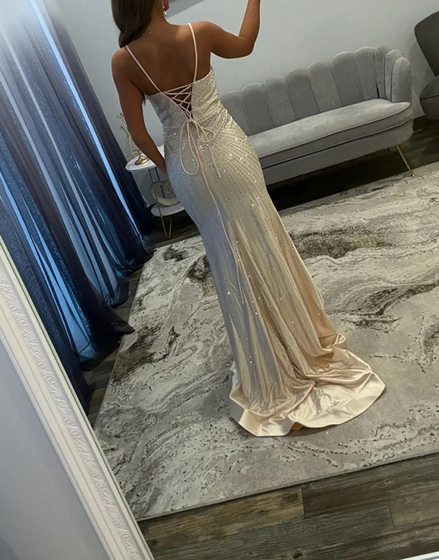 Sparkly Ivory Beaded Satin Mermaid Spaghetti Straps Long Prom Dress with Slit