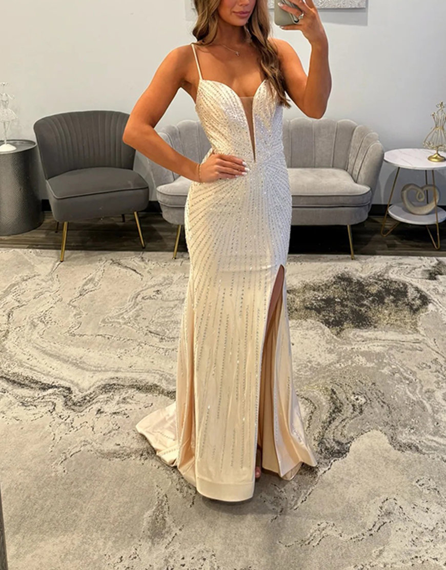 Berlinnova Women Sparkly Ivory Beaded Long Mermaid Prom Dress with Slit Satin Spaghetti Straps Lace Up Back Gala Dress