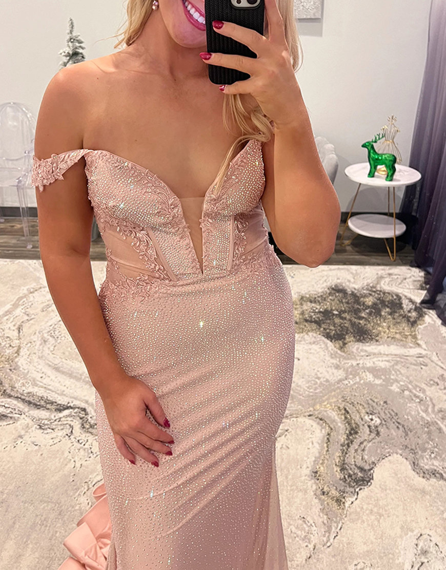 Sparkly Blush Mermaid Off the Shoulder Beaded Satin Long Prom Dress with Appliques