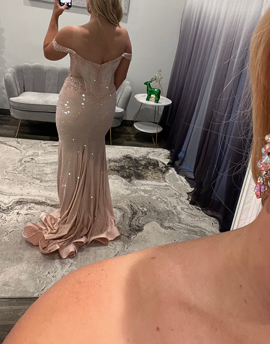 Sparkly Blush Mermaid Off the Shoulder Beaded Satin Long Prom Dress with Appliques