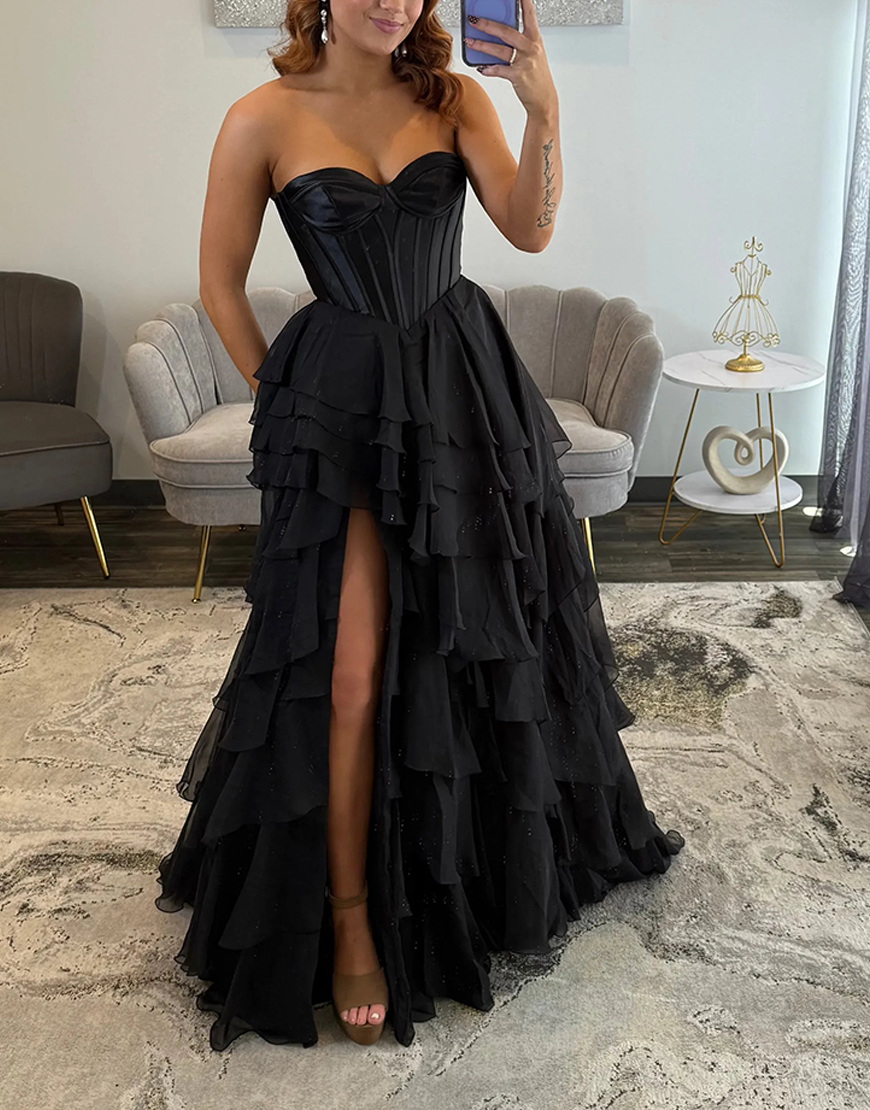 Red Sweetheart Corset Tiered Chiffon Long Prom Dress with Slit