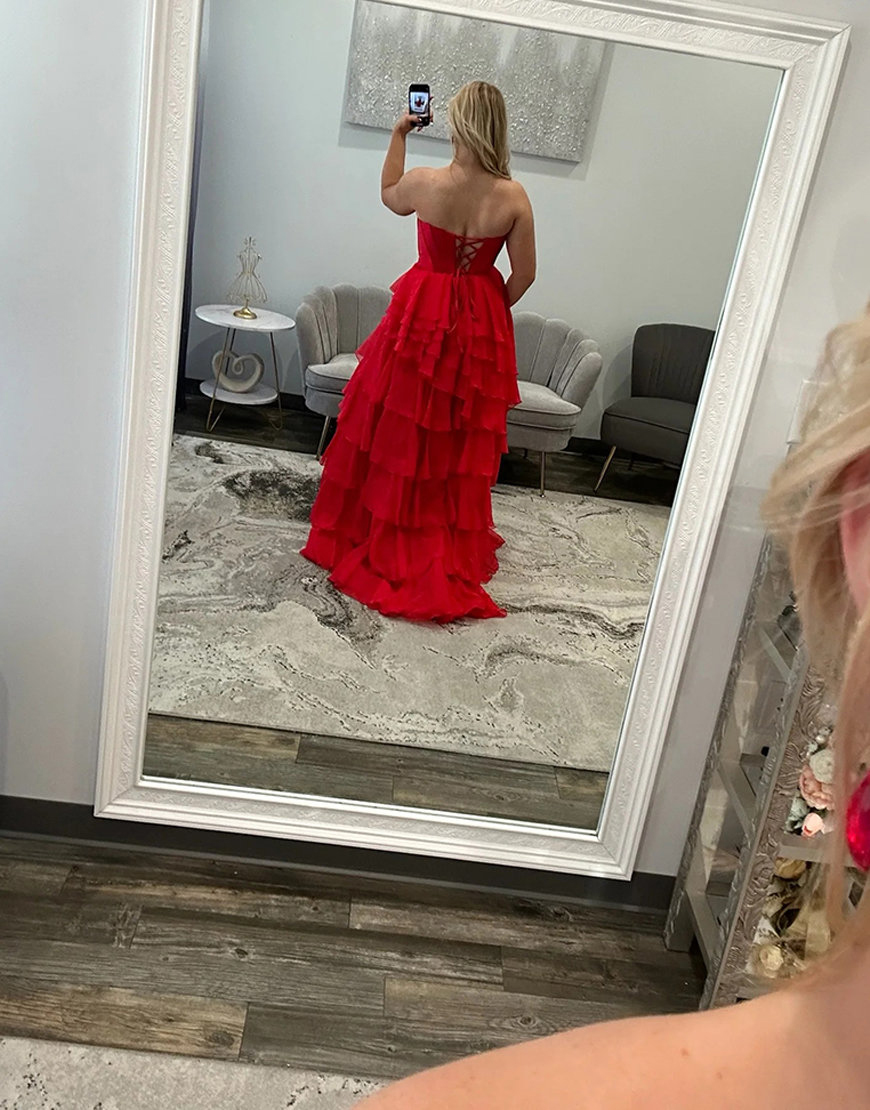 Red Sweetheart Corset Tiered Chiffon Long Prom Dress with Slit