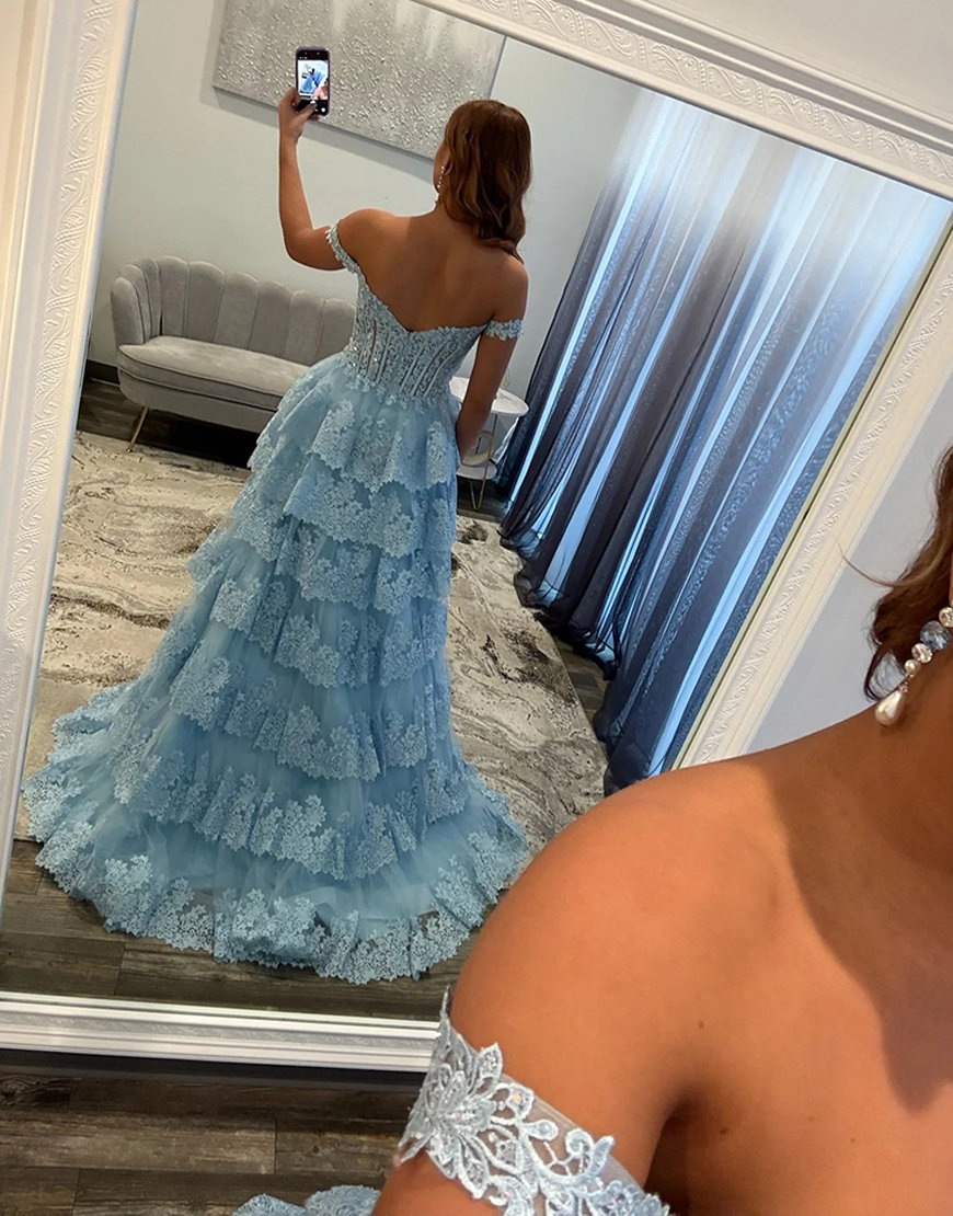 Sparkly Navy Lace Ruffled Corset Off the Shoulder Long Prom Dress with Slit