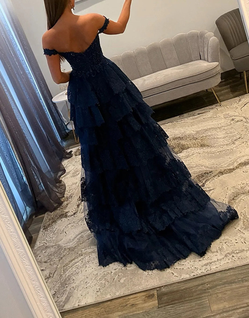 Sparkly Navy Lace Ruffled Corset Off the Shoulder Long Prom Dress with Slit