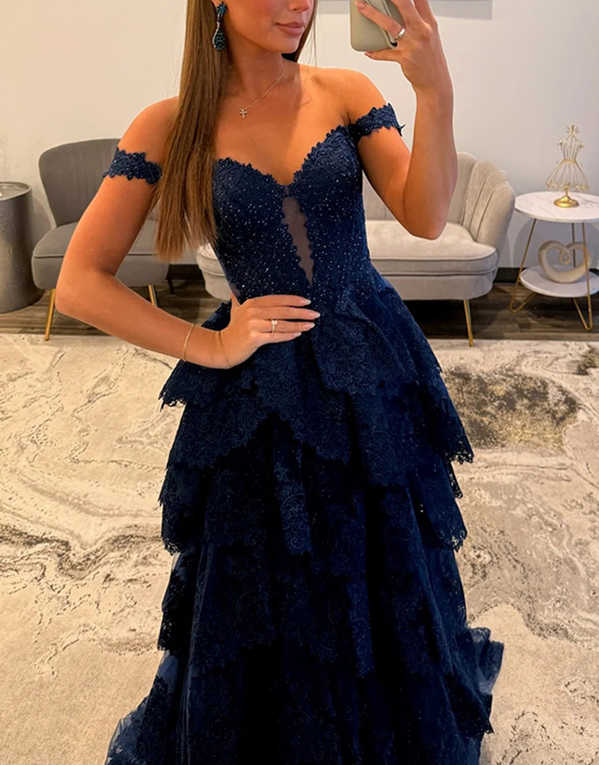 Sparkly Navy Lace Ruffled Corset Off the Shoulder Long Prom Dress with Slit