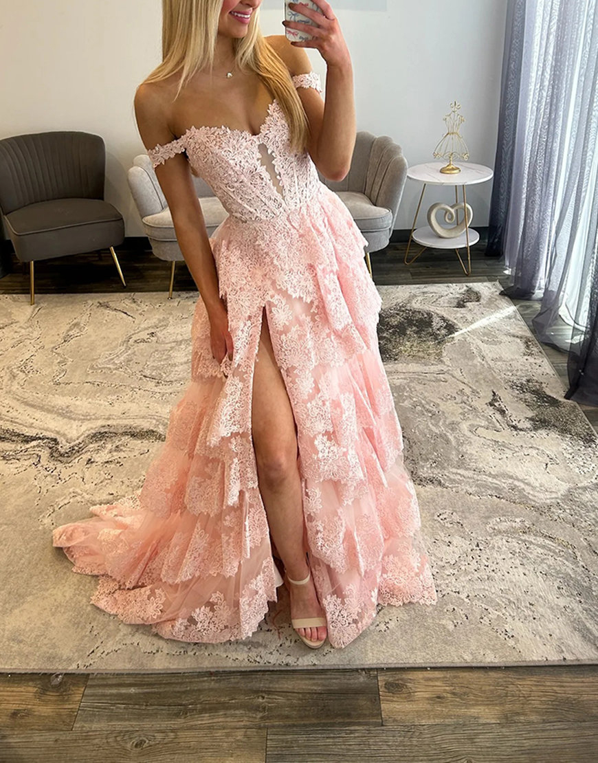 Sparkly Navy Lace Ruffled Corset Off the Shoulder Long Prom Dress with Slit