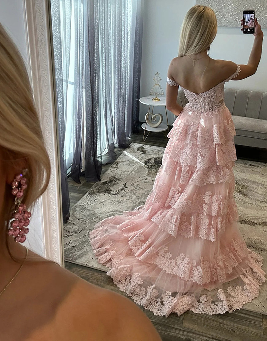 Sparkly Navy Lace Ruffled Corset Off the Shoulder Long Prom Dress with Slit