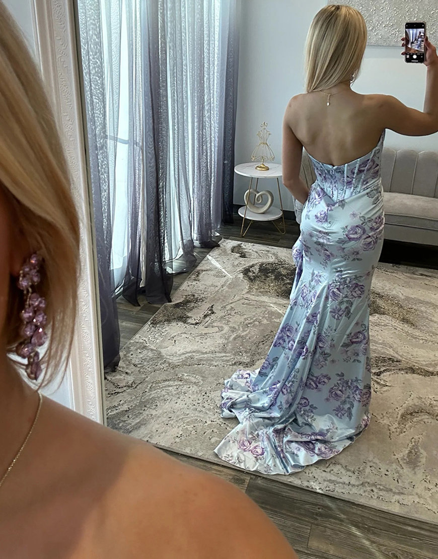 Blue Flower Satin Mermaid Ruffled Printed Corset Long Prom Dress with Slit