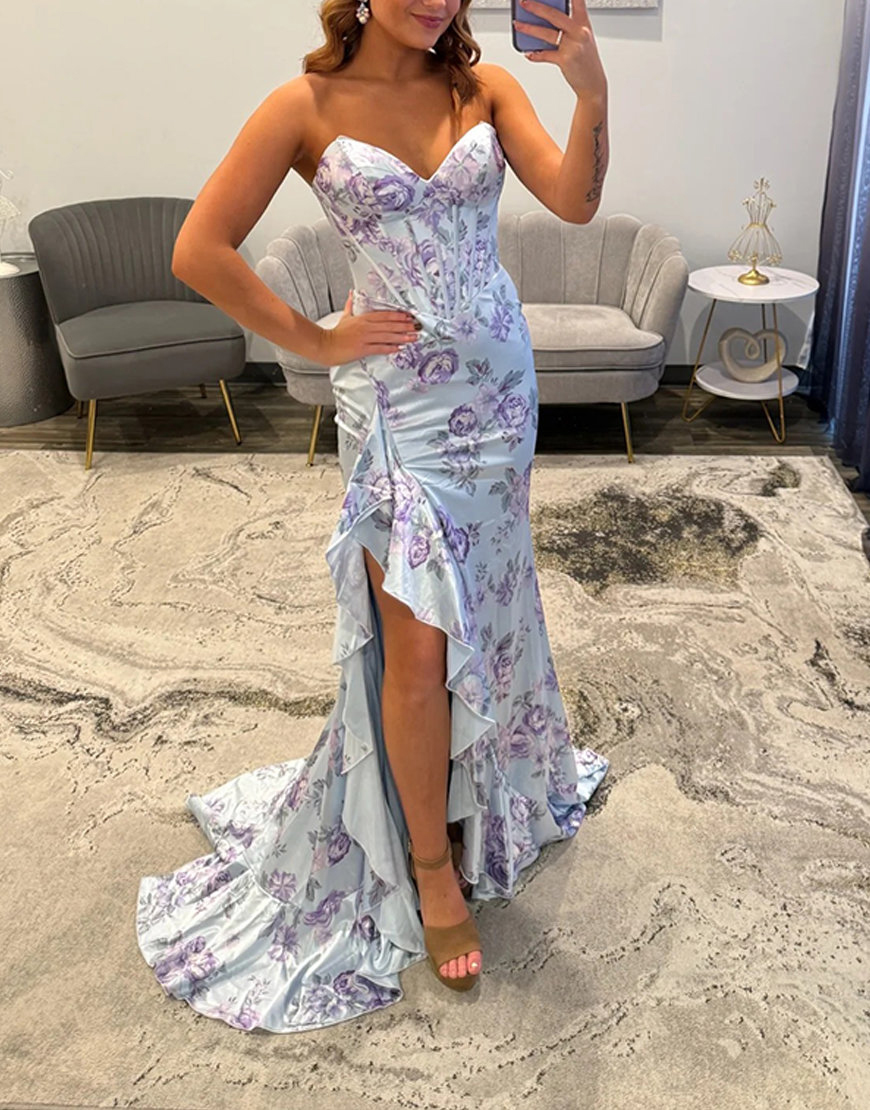 Blue Flower Satin Mermaid Ruffled Printed Corset Long Prom Dress with Slit