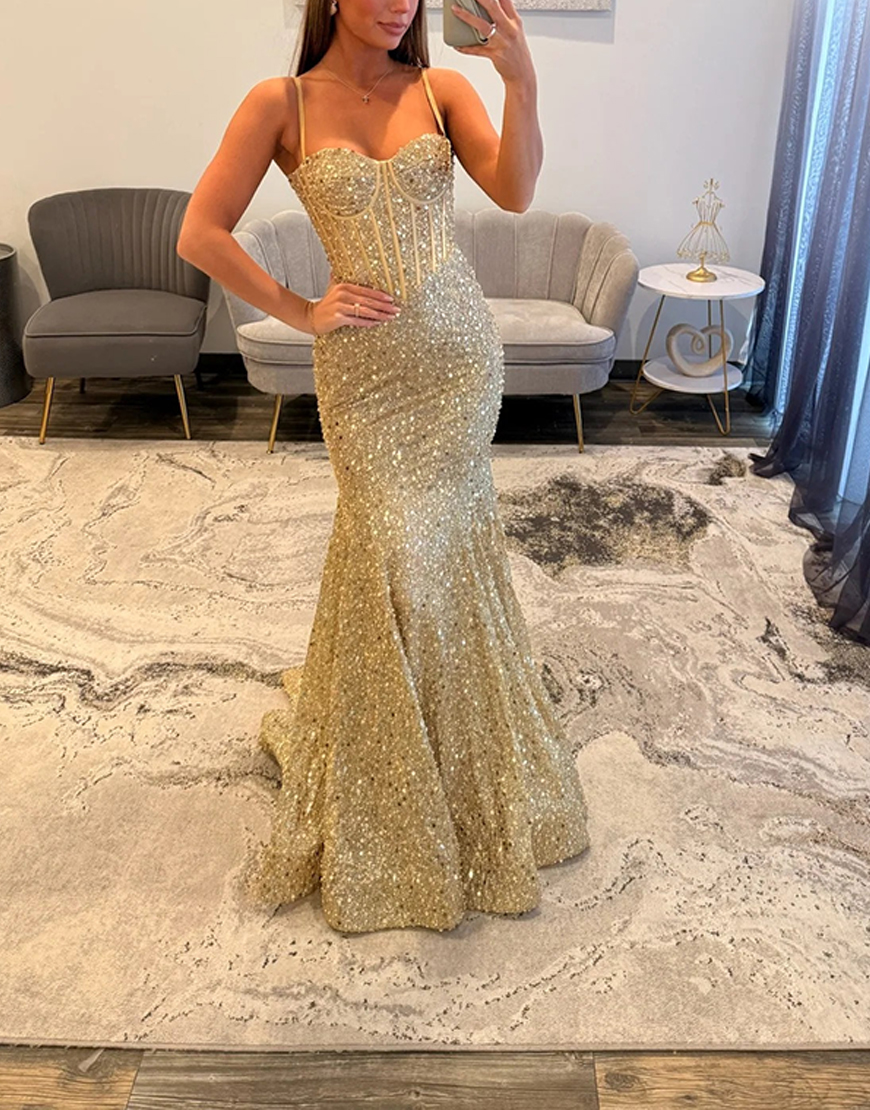 Berlinnova Women Sparkly Gold Sequins Corset Long Prom Dress Spaghetti Straps Mermaid Pageant Dress