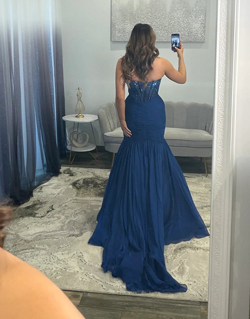 Sparkly Navy Mermaid Corset Sweetheart Beaded Long Prom Dress with Beading