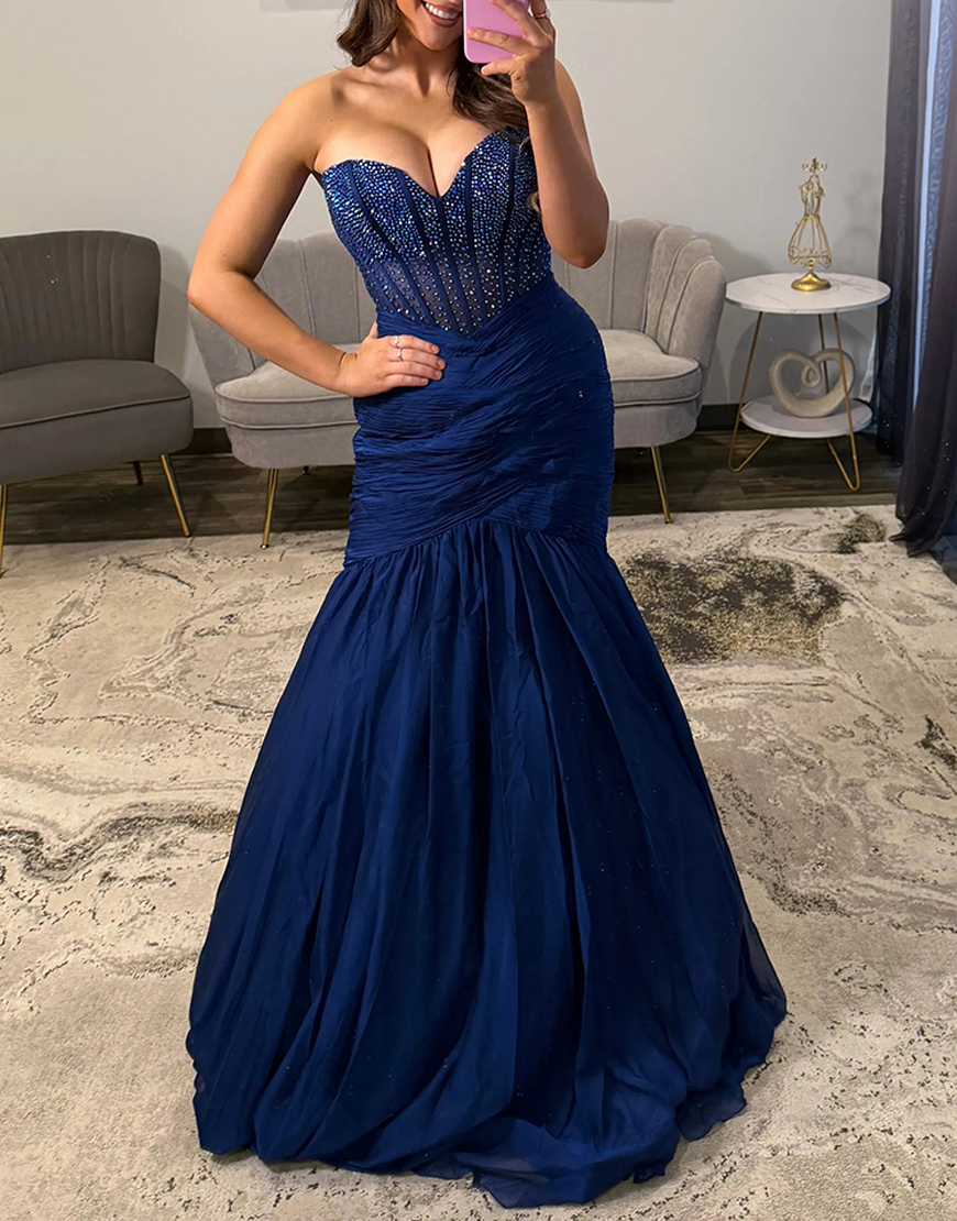 Sparkly Navy Mermaid Corset Sweetheart Beaded Long Prom Dress with Beading