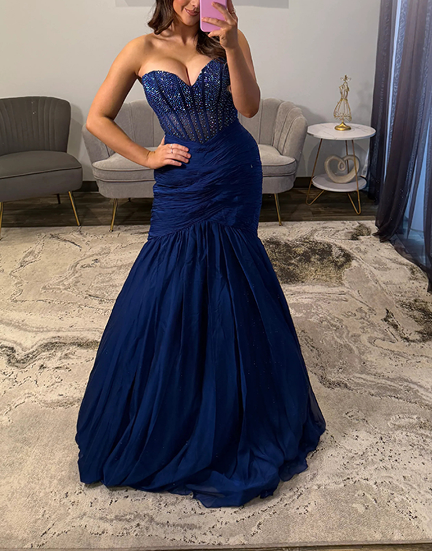 Sparkly Navy Mermaid Corset Sweetheart Beaded Long Prom Dress with Beading