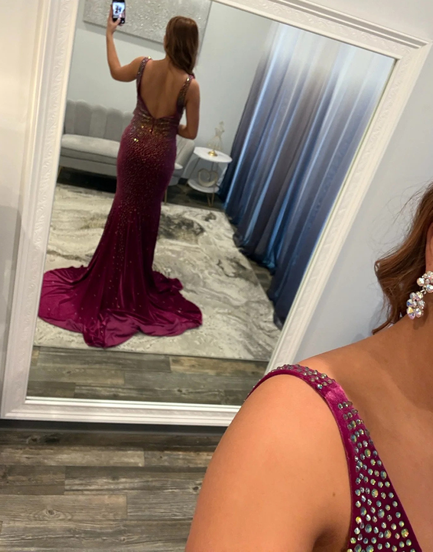 Sparkly Orange Beaded Mermaid V-Neck Backless Long Prom Dress