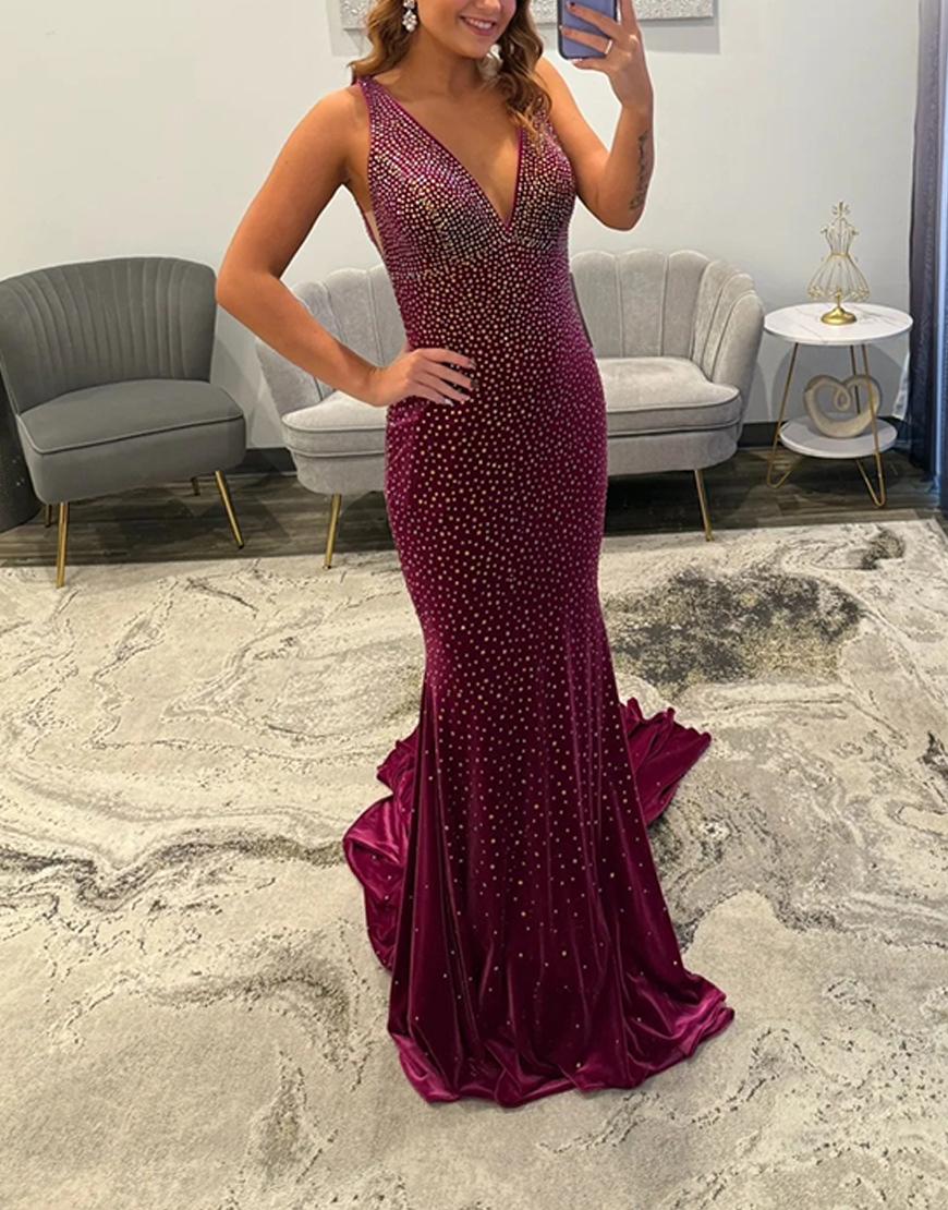 Sparkly Orange Beaded Mermaid V-Neck Backless Long Prom Dress