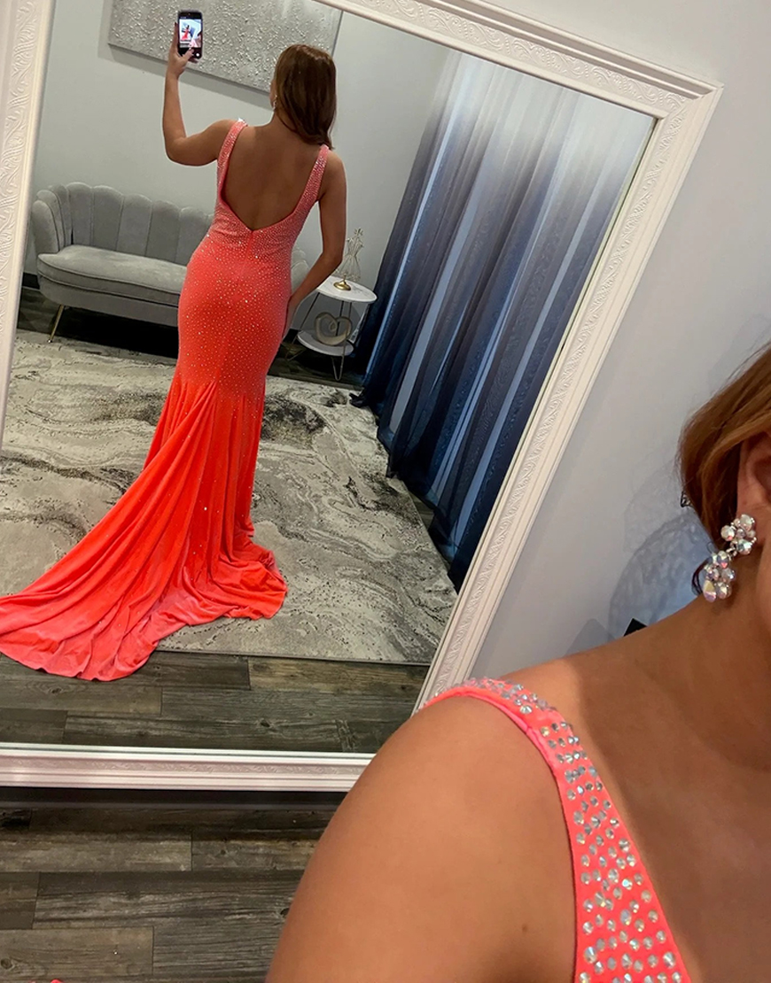 Sparkly Orange Beaded Mermaid V-Neck Backless Long Prom Dress