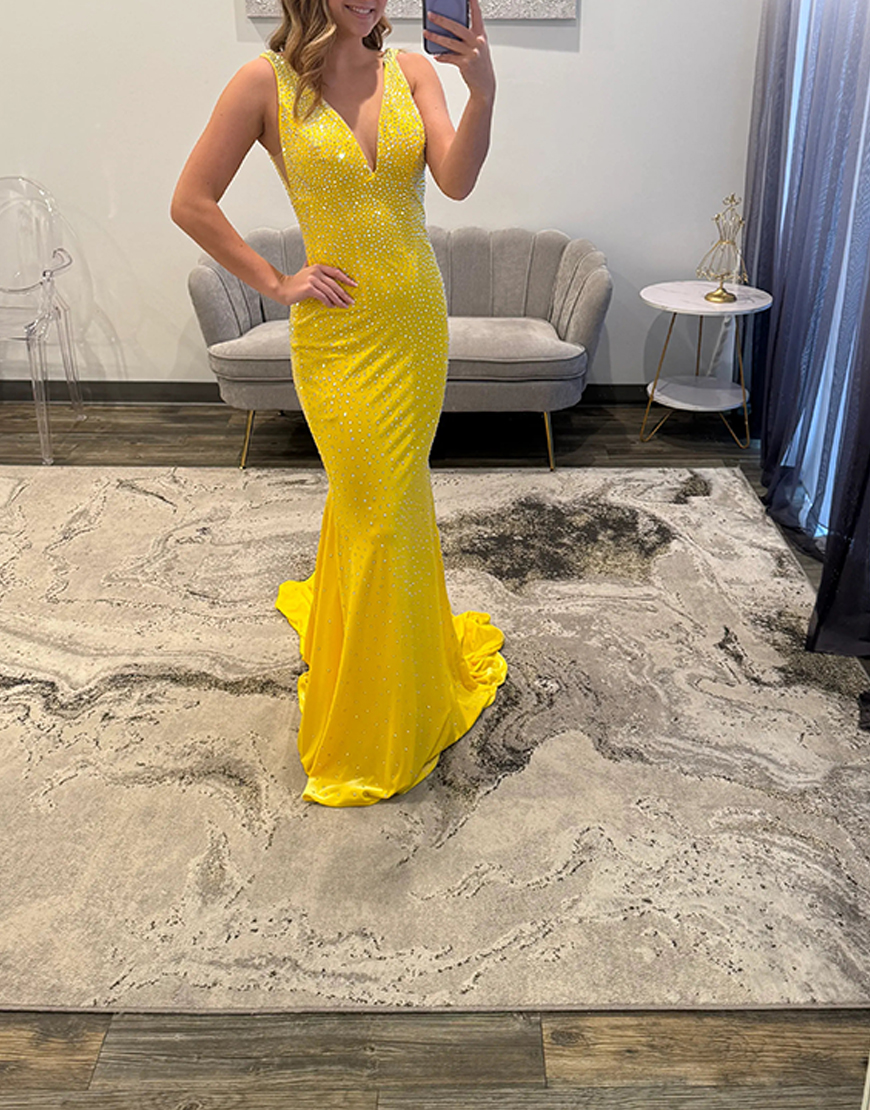 Sparkly Orange Beaded Mermaid V-Neck Backless Long Prom Dress