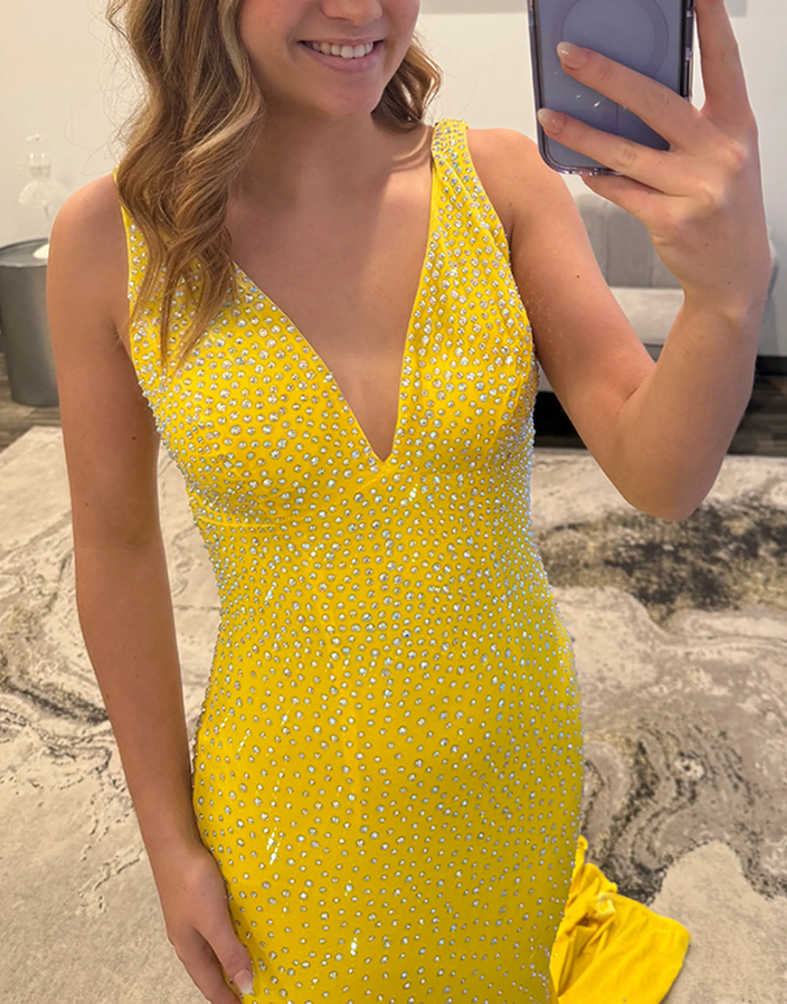 Sparkly Orange Beaded Mermaid V-Neck Backless Long Prom Dress