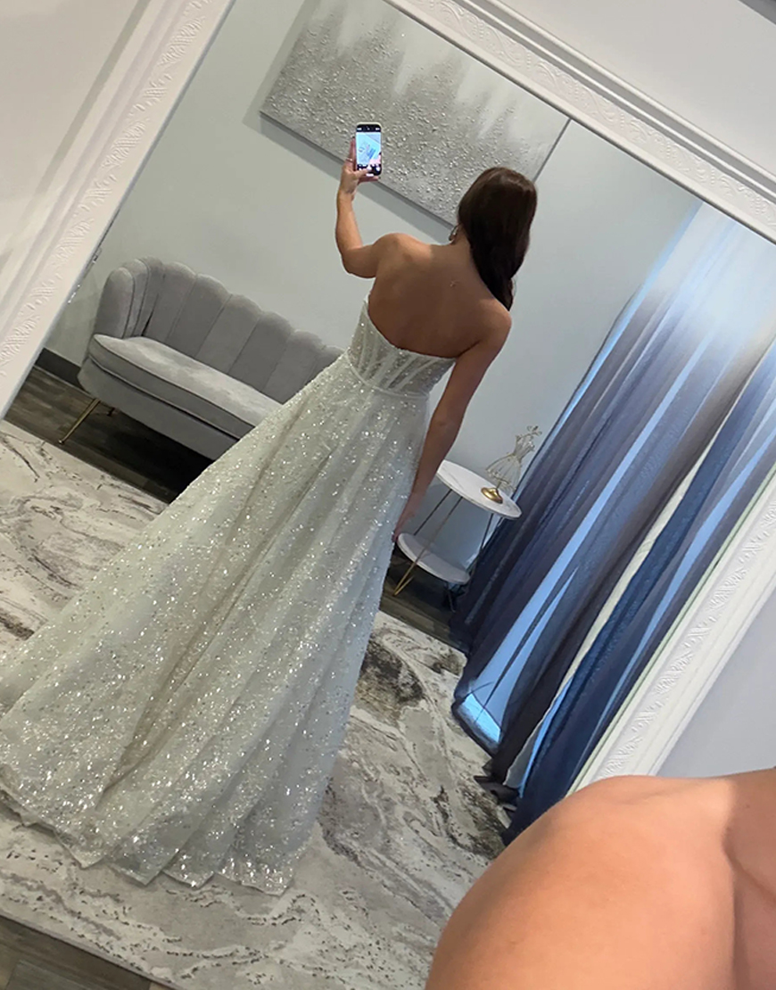 Sparkly White Sequins Corset Sweetheart A Line Long Prom Dress with 3D Flower