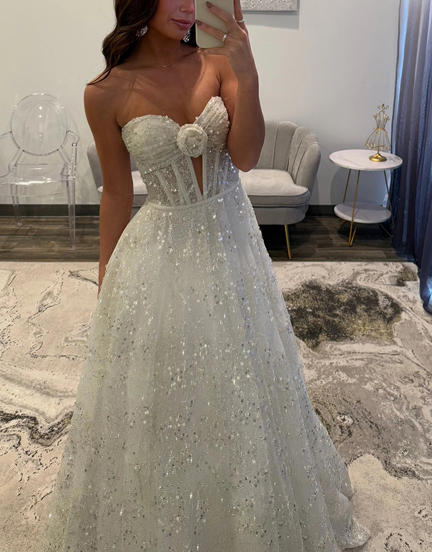 Sparkly White Sequins Corset Sweetheart A Line Long Prom Dress with 3D Flower