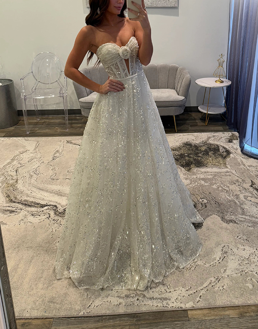 Sparkly White Sequins Corset Sweetheart A Line Long Prom Dress with 3D Flower
