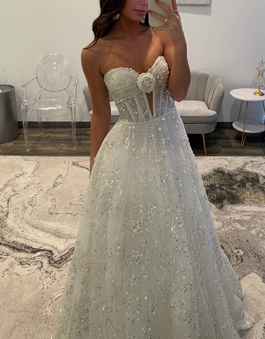 Sparkly White Sequins Corset Sweetheart A Line Long Prom Dress with 3D Flower