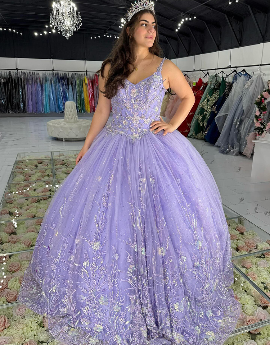 Sparkly Lilac Tulle Sequins Princess Floral Ball Gown Long Quinceanera Dress