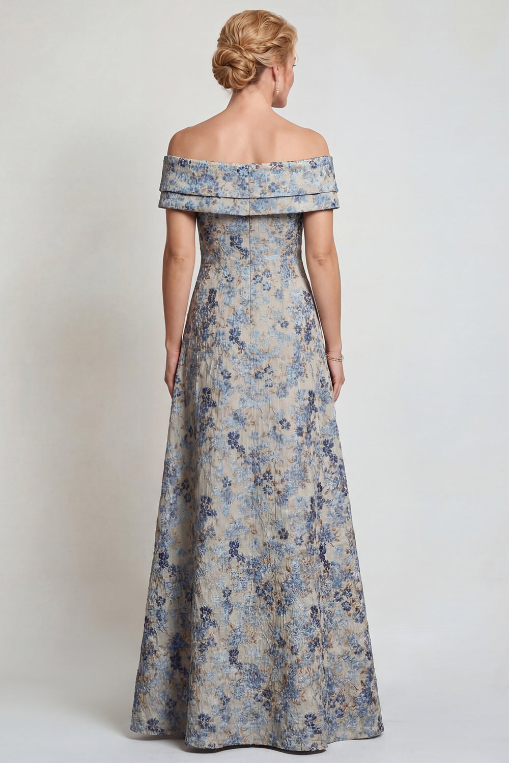 Grey Blue Floral Jacquard Off the Shoulder Long Prom Dress