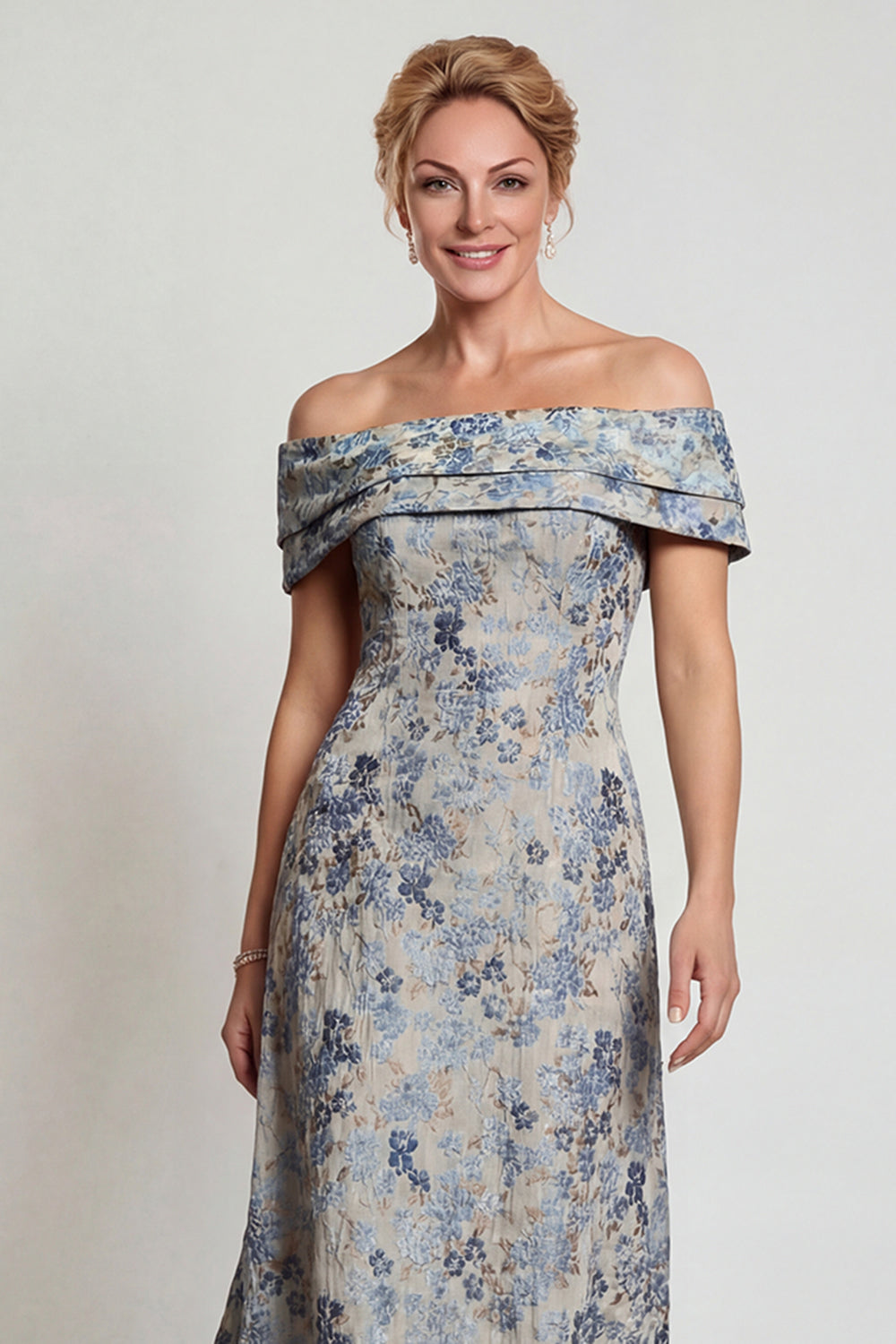 Grey Blue Floral Jacquard Off the Shoulder Long Prom Dress