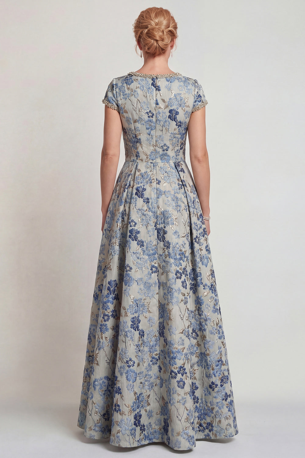 Floral Grey Blue A Line Jacquard Long Prom Dress with Sleeves