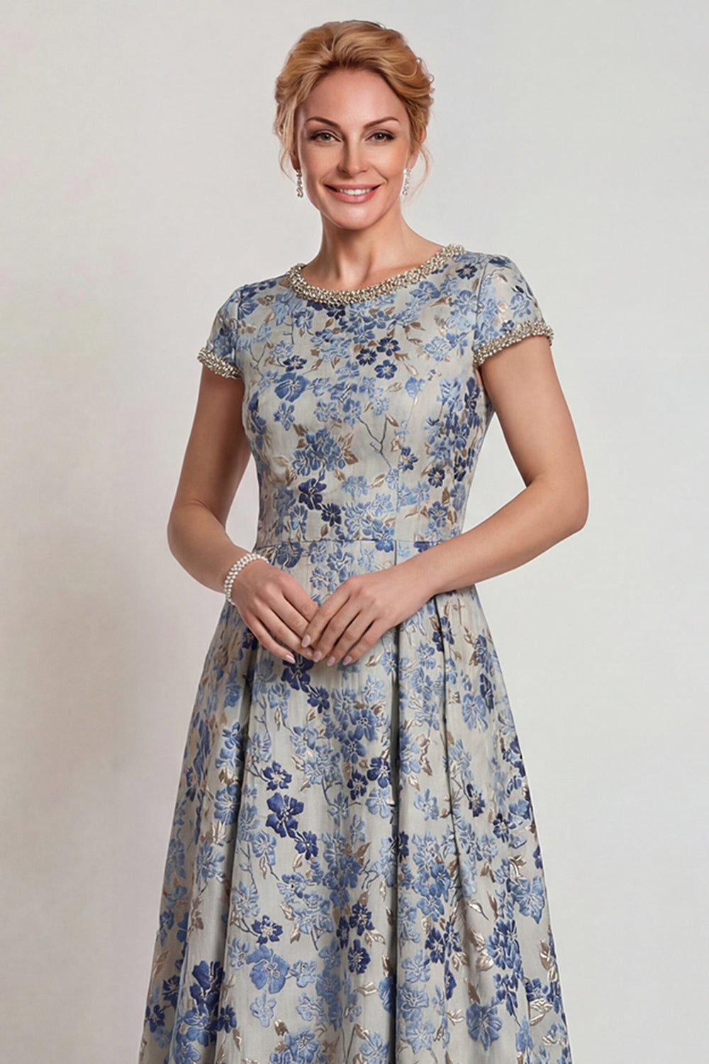 Floral Grey Blue A Line Jacquard Long Prom Dress with Sleeves