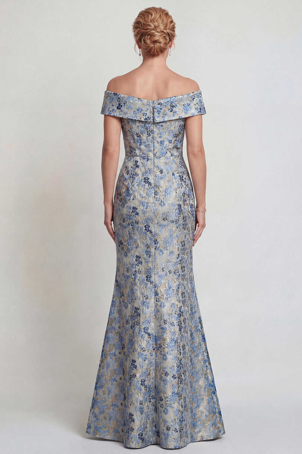 Grey Blue Floral Jacquard Mermaid Long Prom Dress