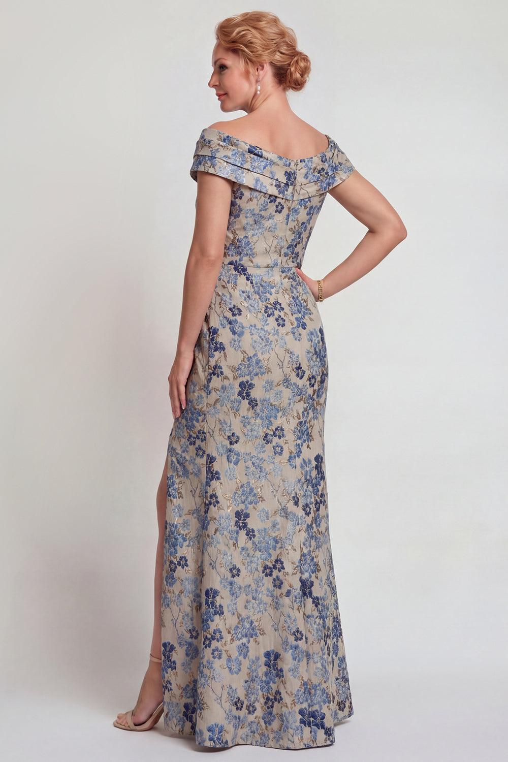 Grey Blue Mermaid Floral Jacquard Long Prom Dress with Slit