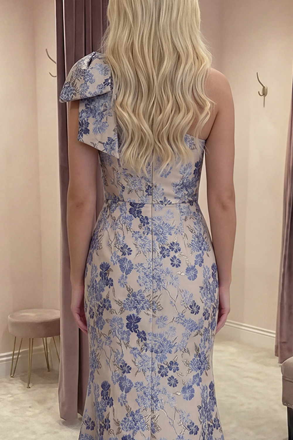 Grey Blue Floral Jacquard One Shoulder Long Prom Dress with Bow