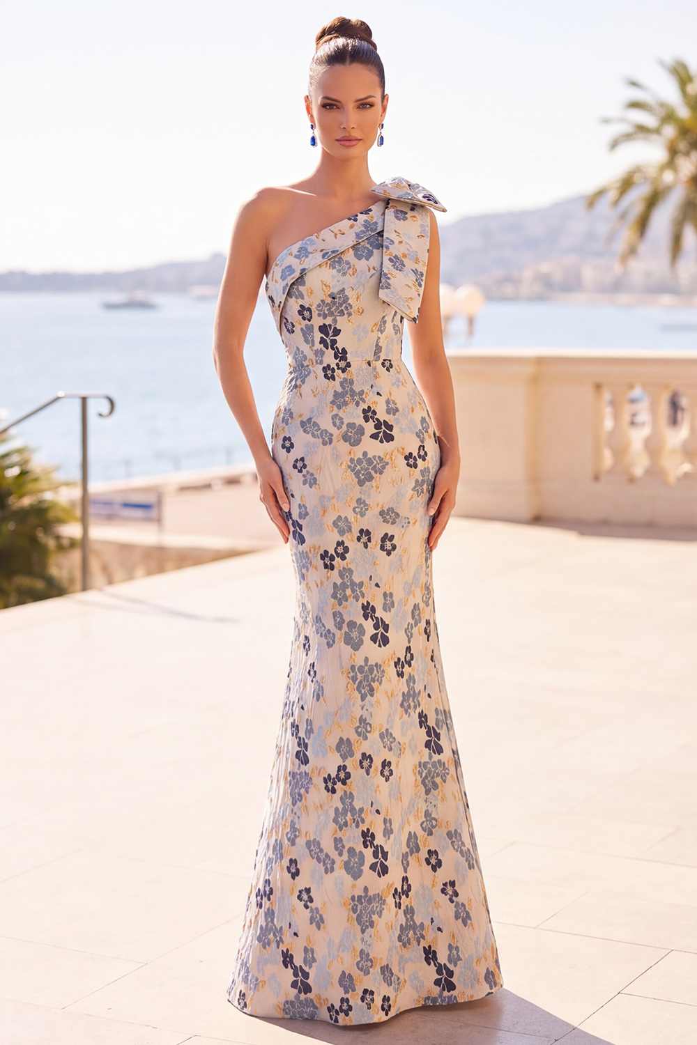 Grey Blue Floral Jacquard One Shoulder Long Prom Dress with Bow