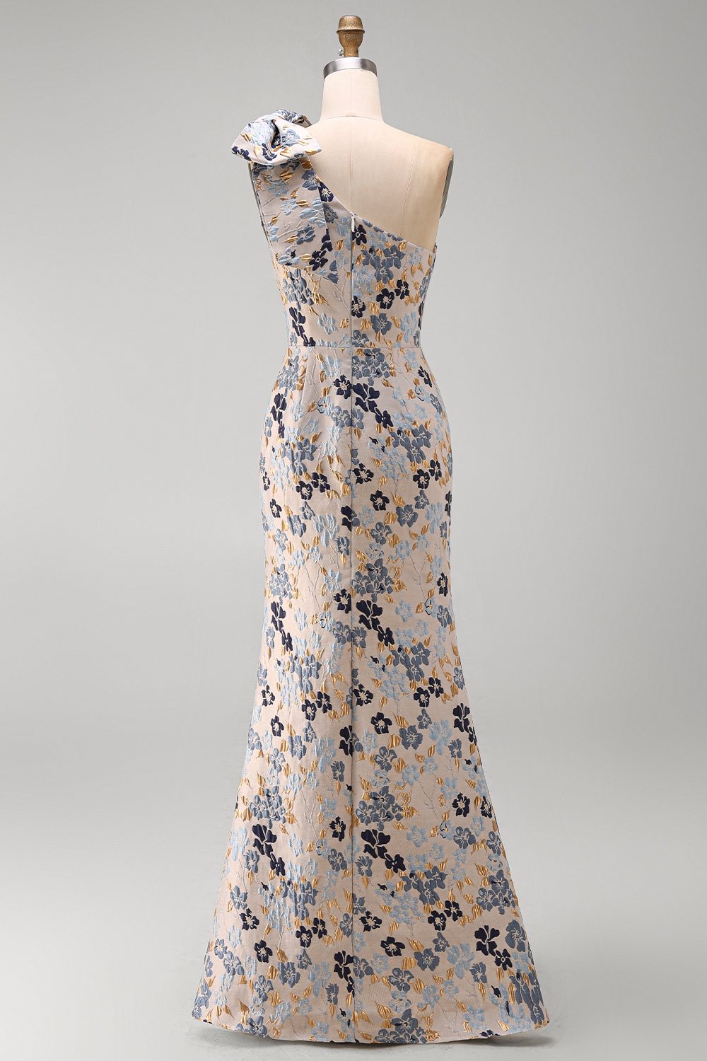 Grey Blue Floral Jacquard One Shoulder Long Prom Dress with Bow