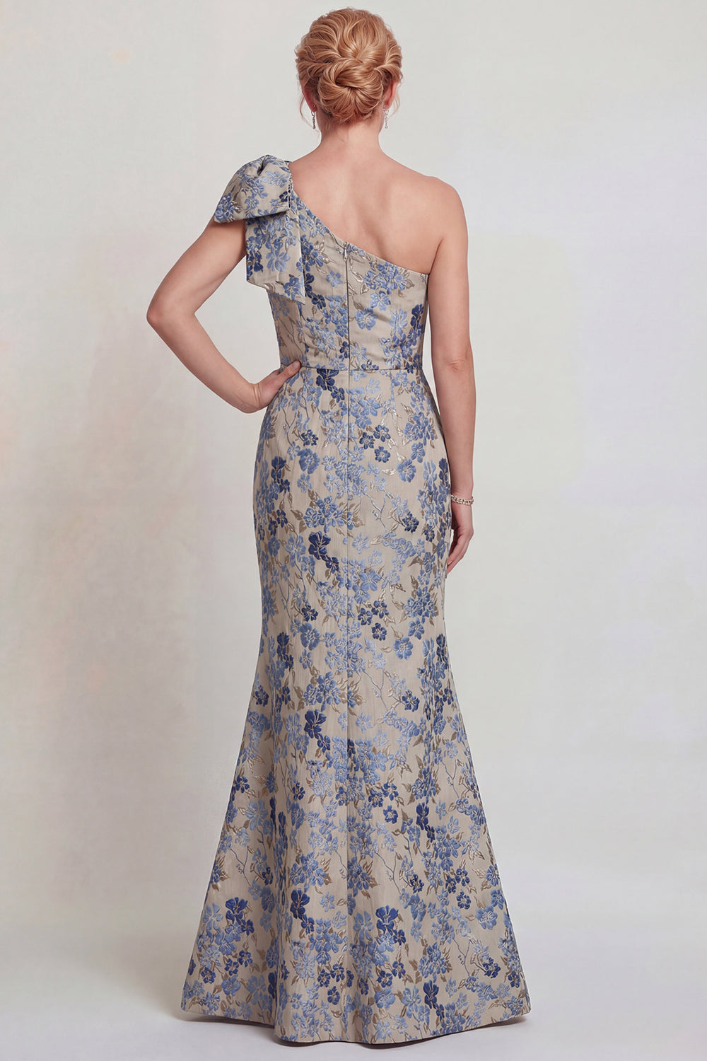 Grey Blue Floral Jacquard One Shoulder Long Prom Dress with Bow