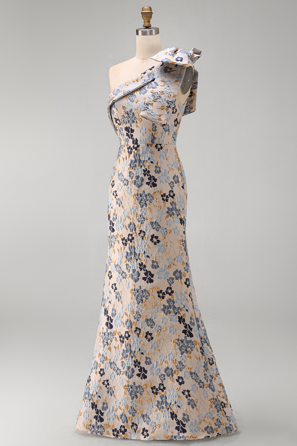 Grey Blue Floral Jacquard One Shoulder Long Prom Dress with Bow