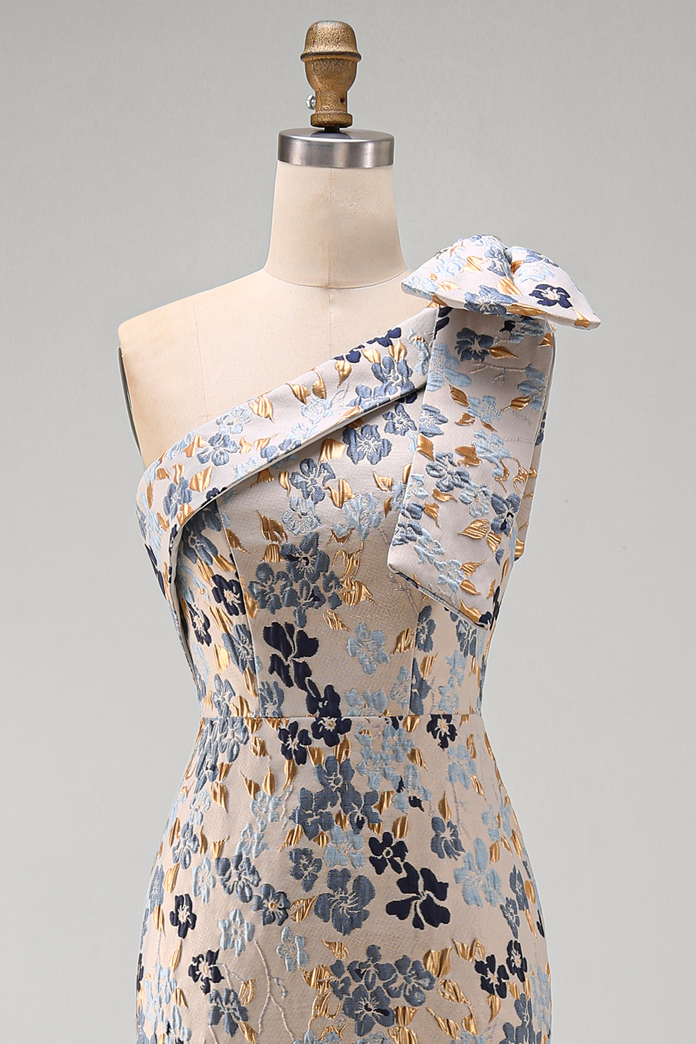 Grey Blue Floral Jacquard One Shoulder Long Prom Dress with Bow