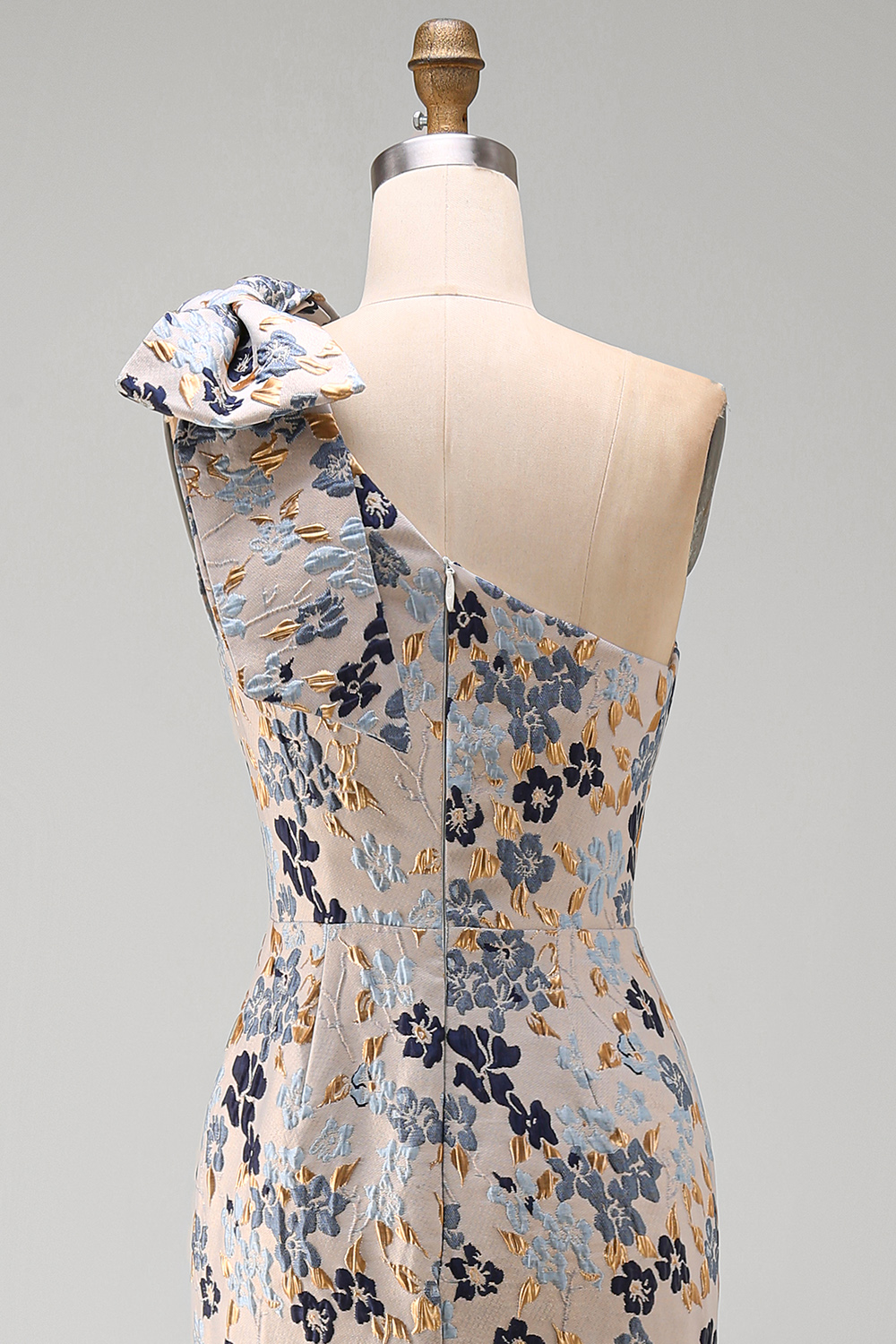 Grey Blue Floral Jacquard One Shoulder Long Prom Dress with Bow